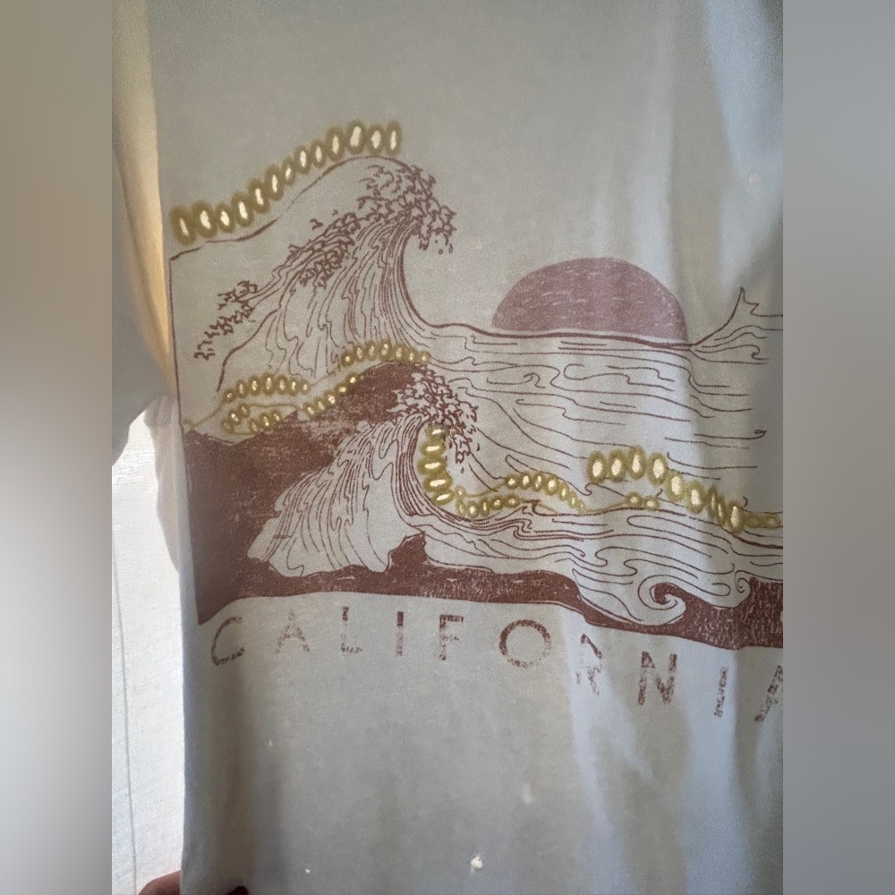 Free People White Graphic Short Sleeve Tee with Pink and Gold Print CALIFORNIA